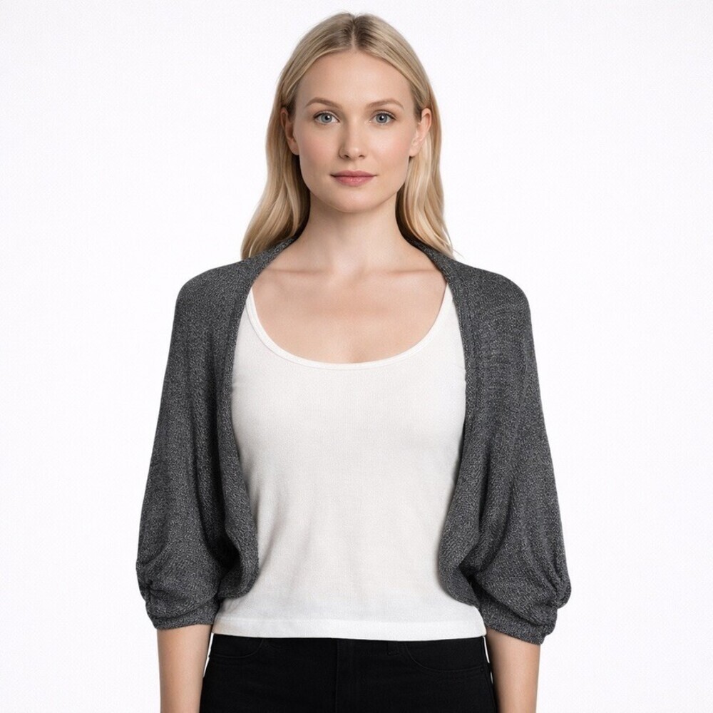 Louiza Babouryan size small Gray Merino Wool Silver Metallic Knit Shrug sweater